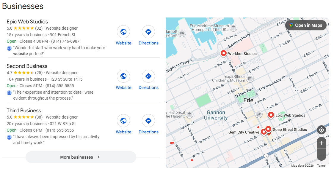 Example of Google Local 3-Pack search results