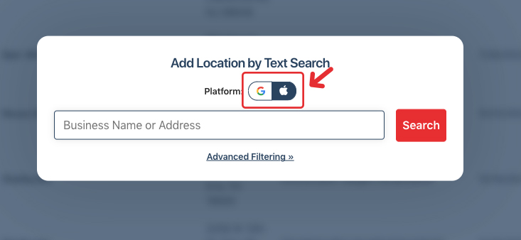 Toggle Apple Maps in Local Falcon's Location Search